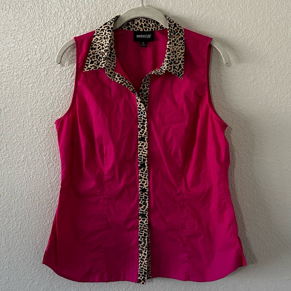 Metrostyle | Barbiecore Pink & Leopard Print Button Down Sleeveless Blouse Sz 12